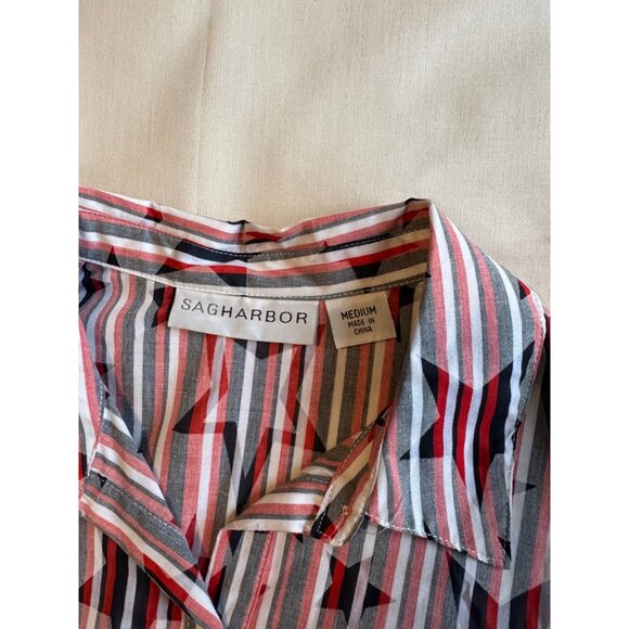 Sag Harbor Womens Medium Button-Up Striped Geometric Short Sleeve Shirt - Picture 3 of 6
